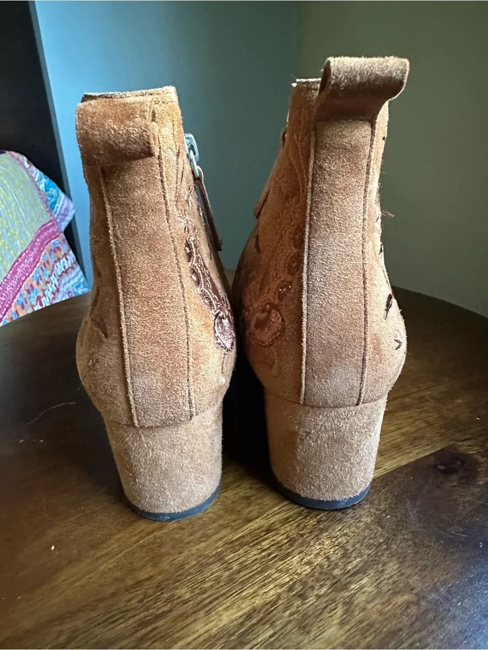 Johnny Was Taline Embroidered Suede Heeled Booties Tan Brown Size 7 Boho